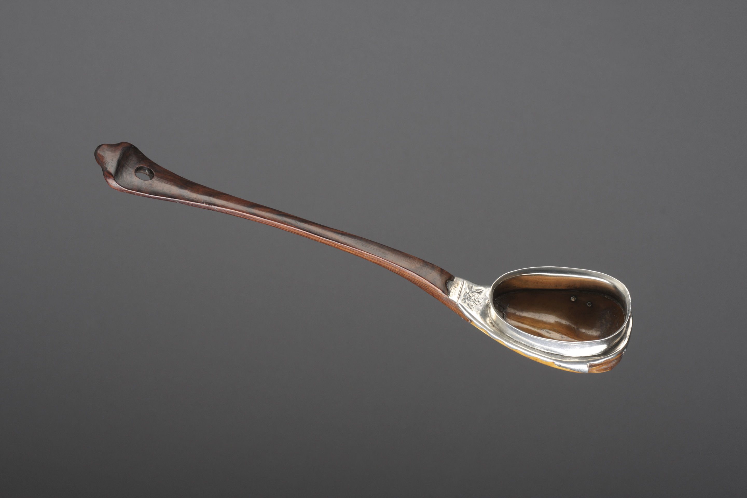 British Colonial Silver Mounted, Coromandel Wood and Carved Coquilla Nut Erotic Toddy Ladle